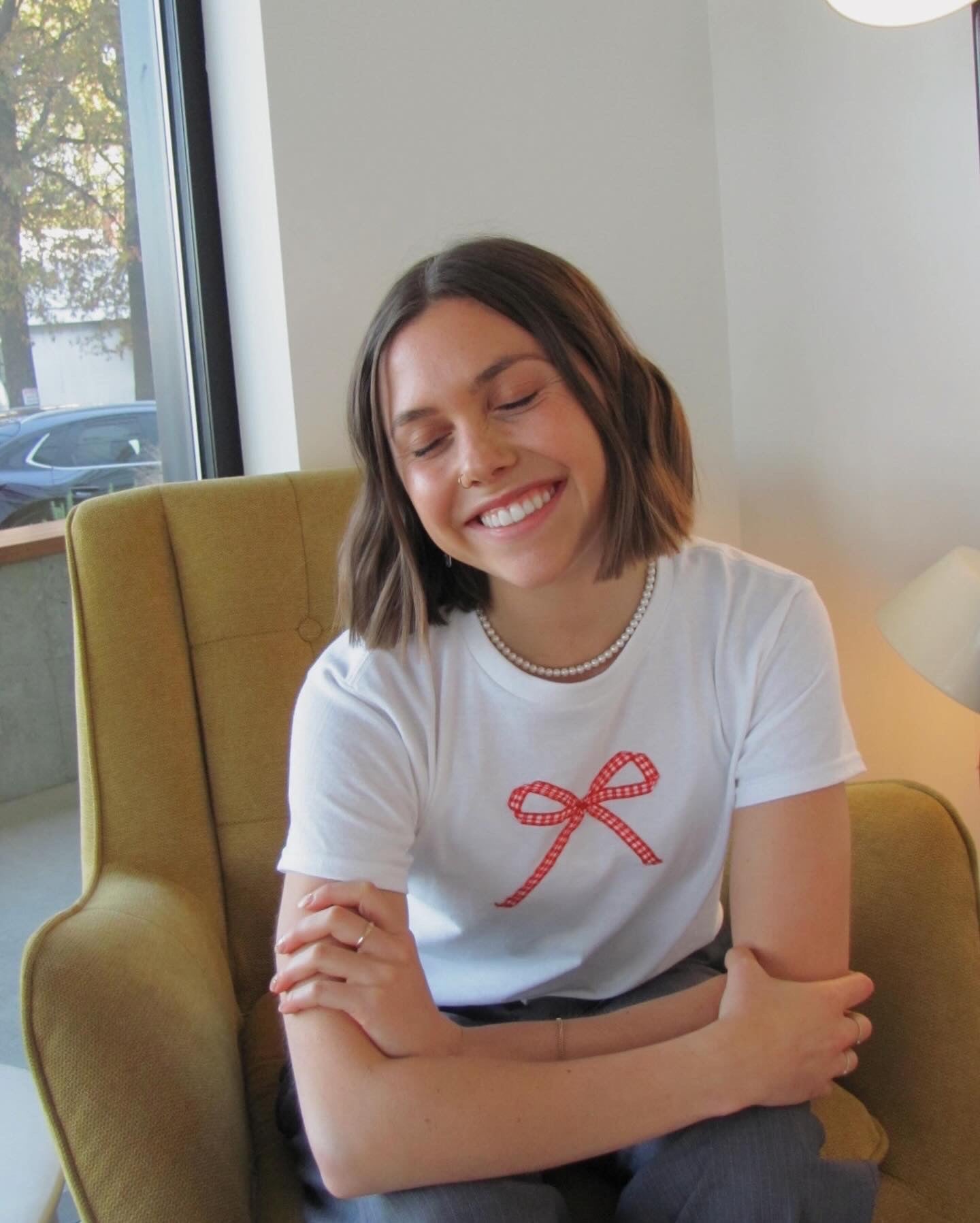 White Bow Tee - Red Gingham Ribbon