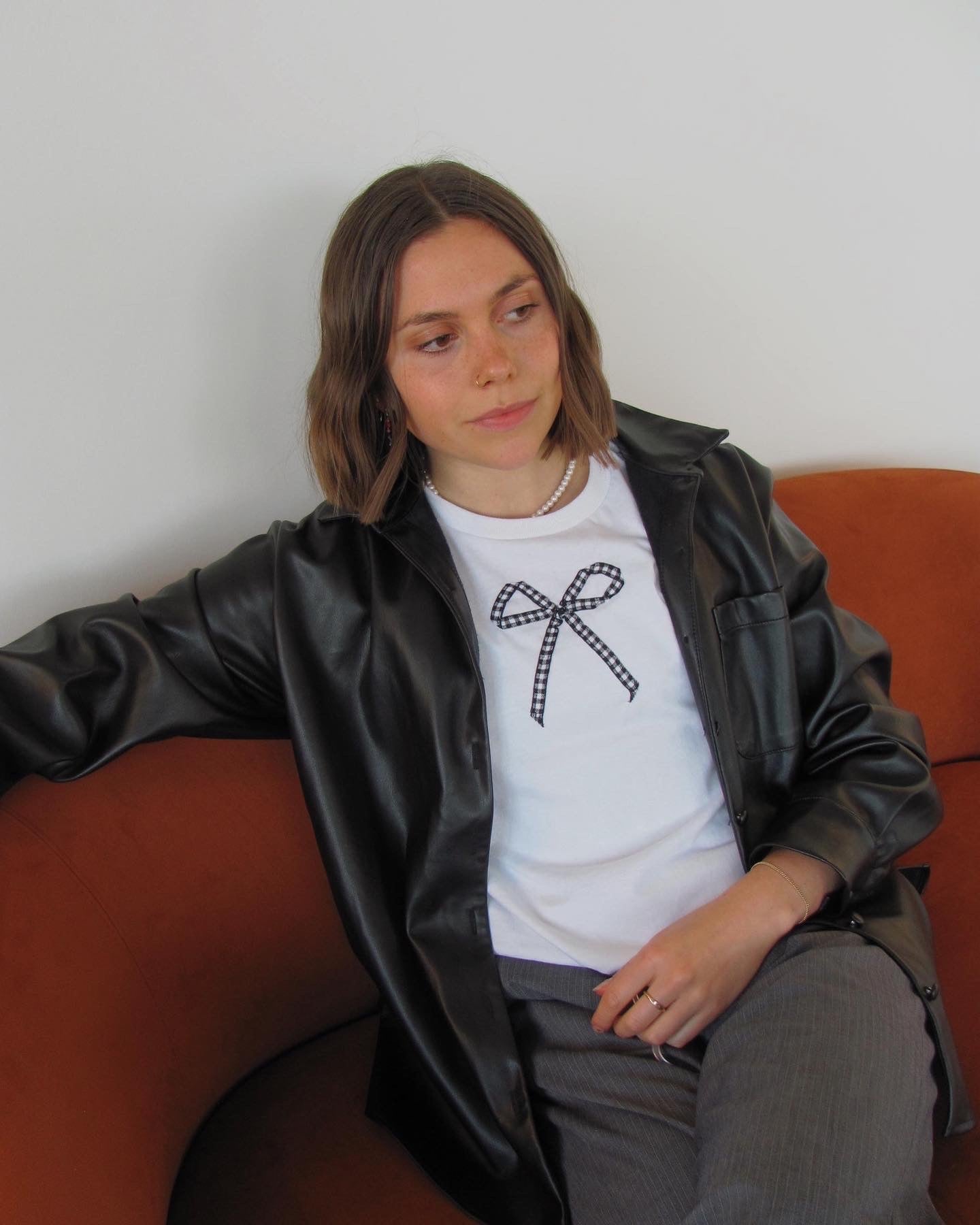 White Bow Tee - Black Gingham Ribbon