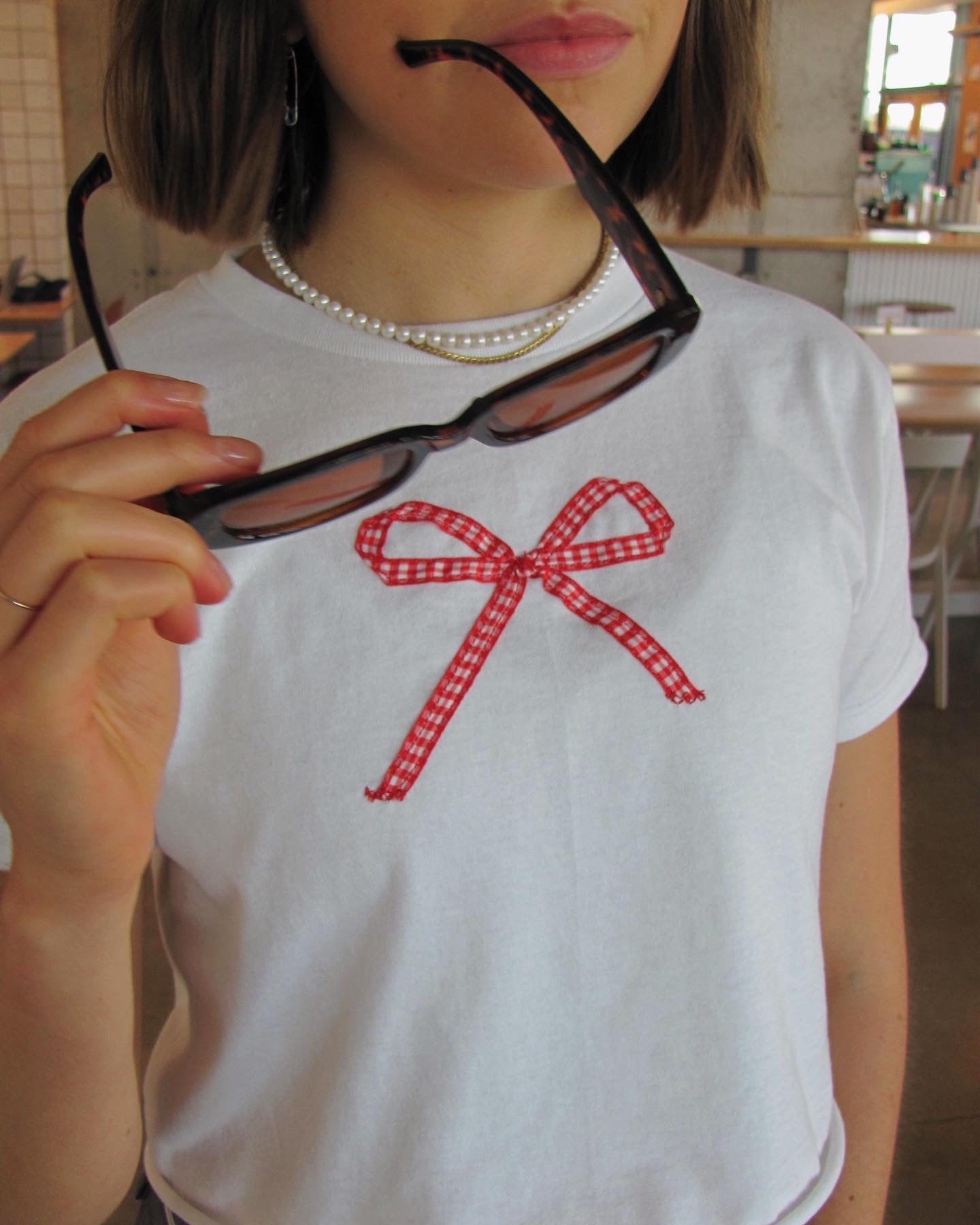 White Bow Tee - Red Gingham Ribbon