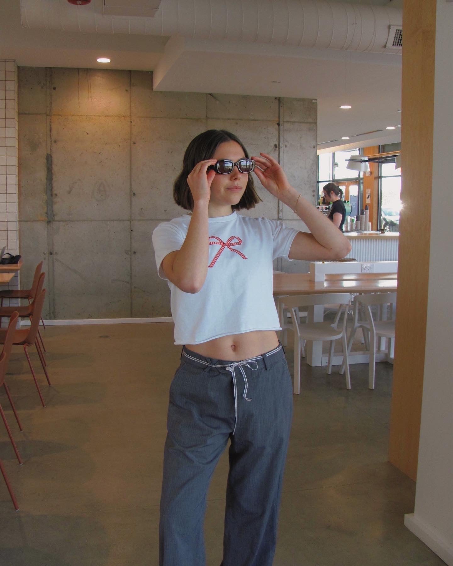 White Bow Tee - Red Gingham Ribbon