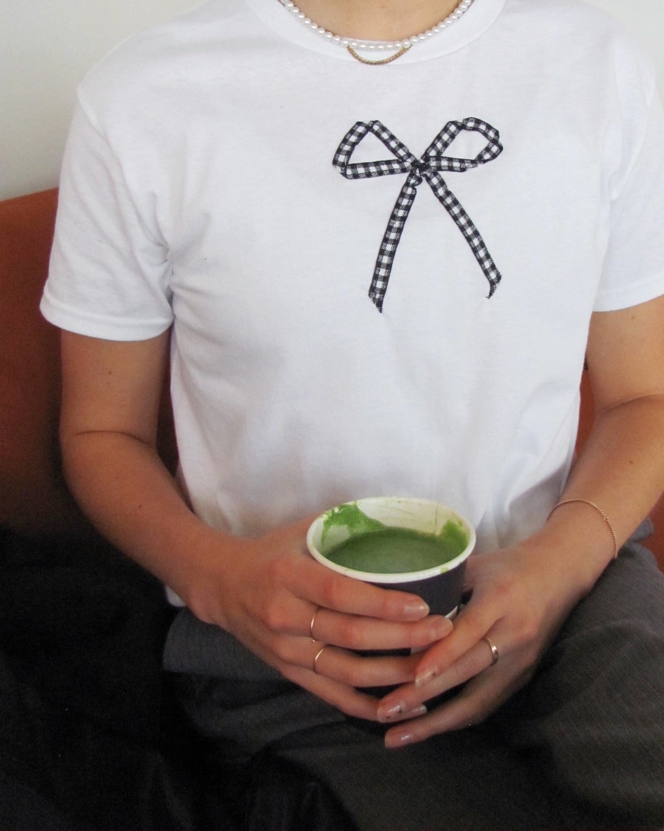 White Bow Tee - Black Gingham Ribbon