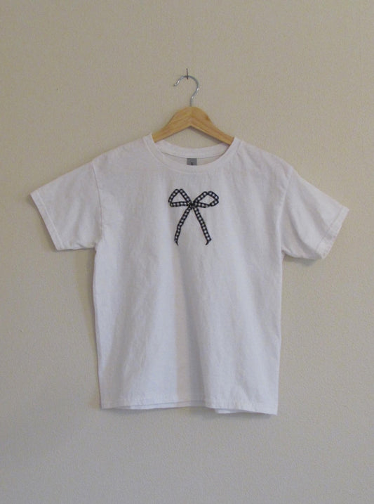 White Bow Tee - Black Gingham Ribbon